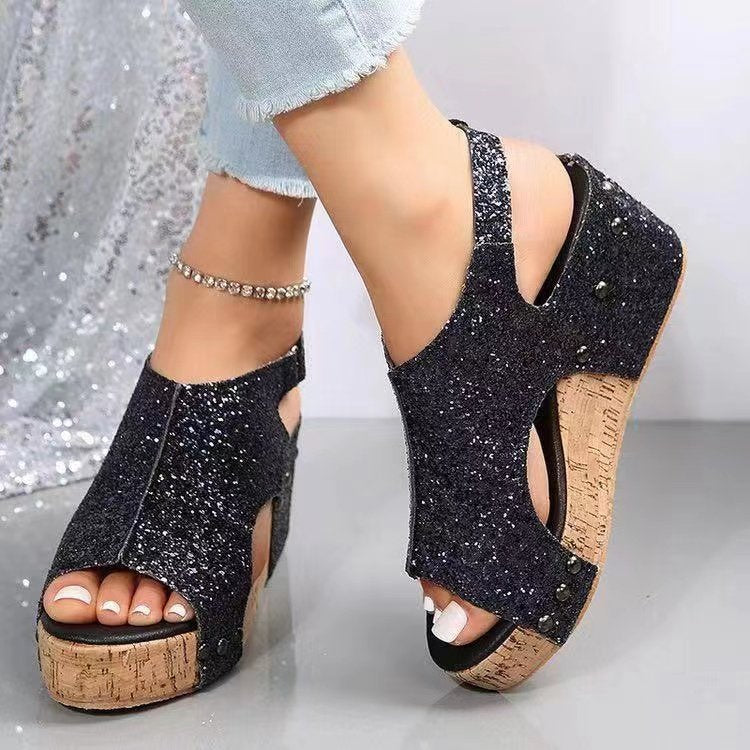Damen Plateausandalen mit funkelndem Glitzer und Korksohle R&B