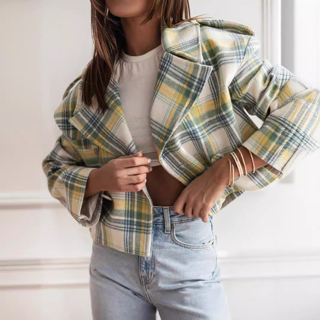 Damen Karierte Cropped Jacke R&B