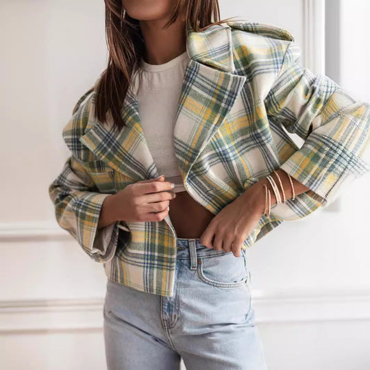 Damen Karierte Cropped Jacke R&B