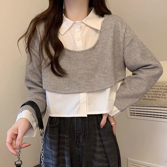 Damen Cropped Strickpullover mit integriertem Hemd