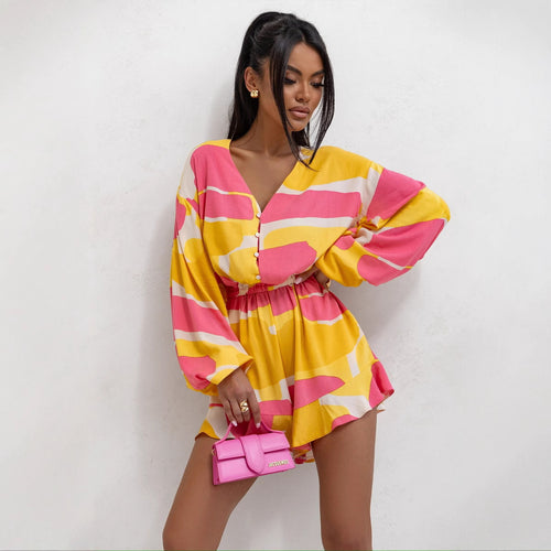 Damen Freizeit Jumpsuit mit schickem V-Ausschnitt und voluminösen Ärmeln R&B