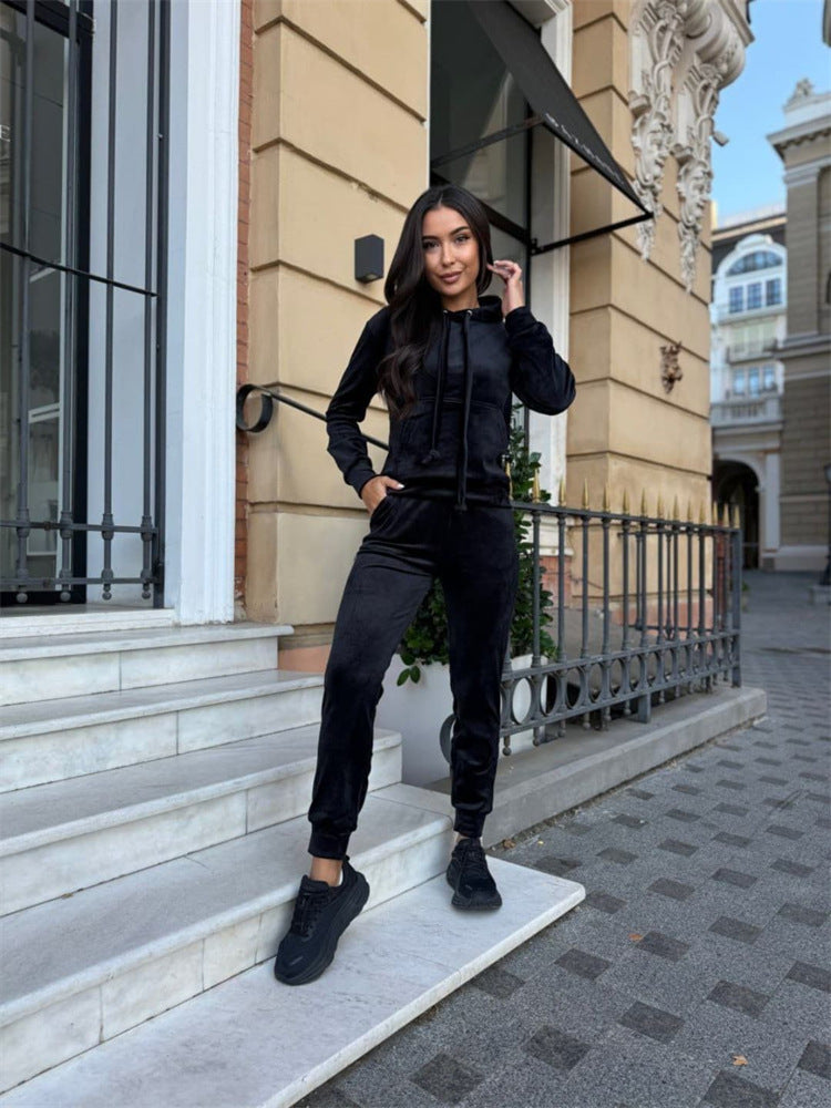 Damen lässiges Fleece-Jogginganzug-Set mit Kapuze und elastischem Bund R&B