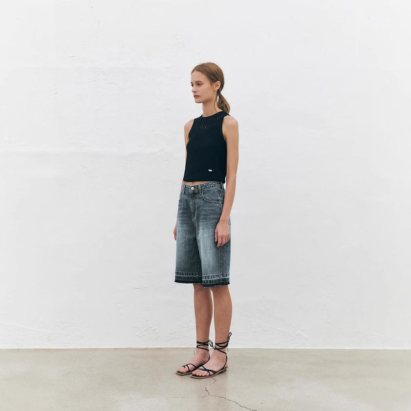 Damen Hoch taillierte Denim-Shorts mit weitem Bein und modischer Struktur R&B