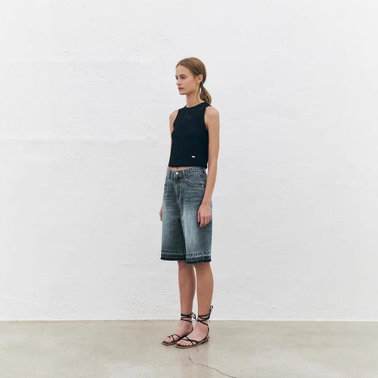 Damen Hoch taillierte Denim-Shorts mit weitem Bein und modischer Struktur R&B