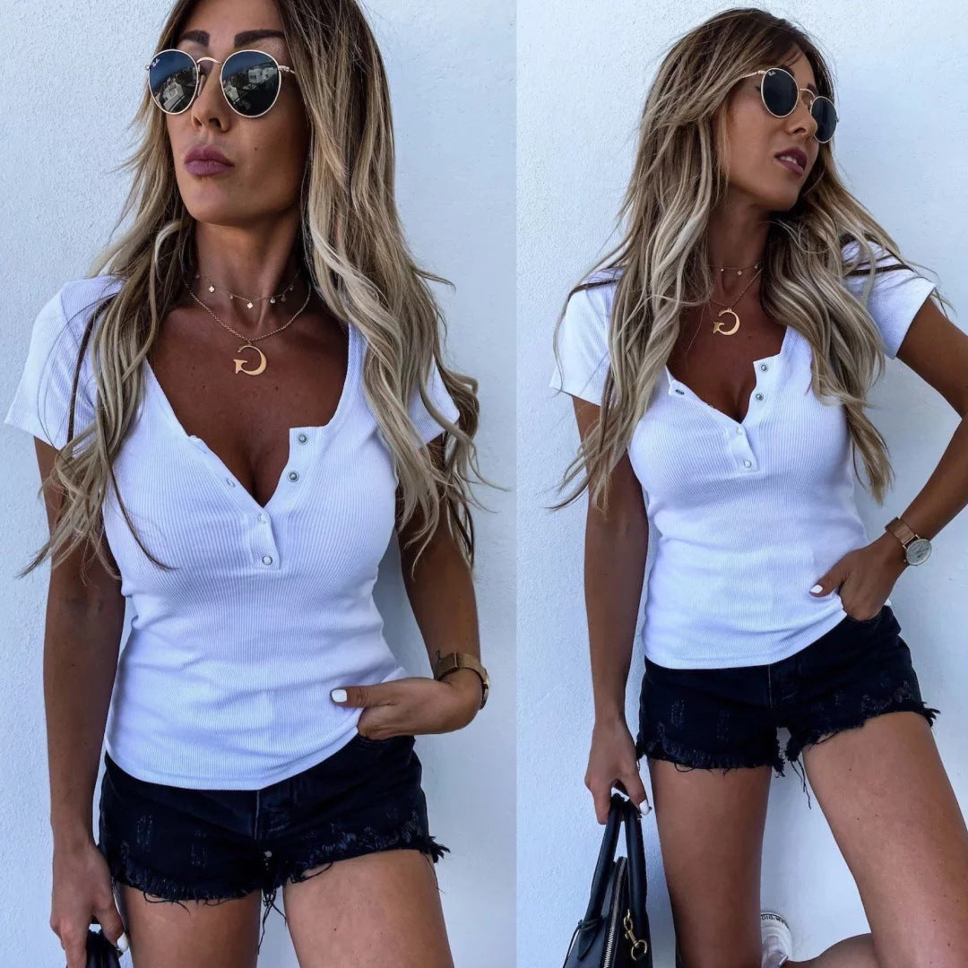 Damen modisches Kurzarm-Henley-Oberteil mit Knopfleiste und feiner Rippstruktur