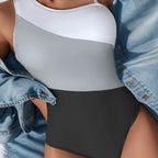 Damen Einteiliger Badeanzug mit stilvollem Farbblockdesign und hohem Beinausschnitt R&B