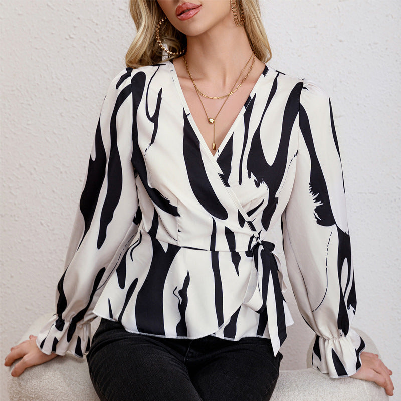 Damen Wickelbluse mit peplum Schnitt und langen Ärmeln R&B
