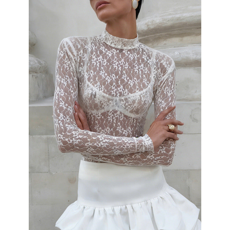 Damen Spitzenbluse mit hohem Kragen und langen Ärmeln R&B