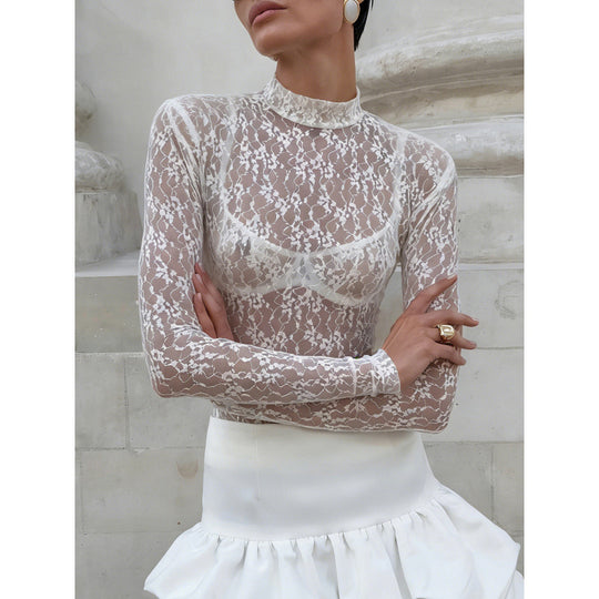 Damen Spitzenbluse mit hohem Kragen und langen Ärmeln R&B