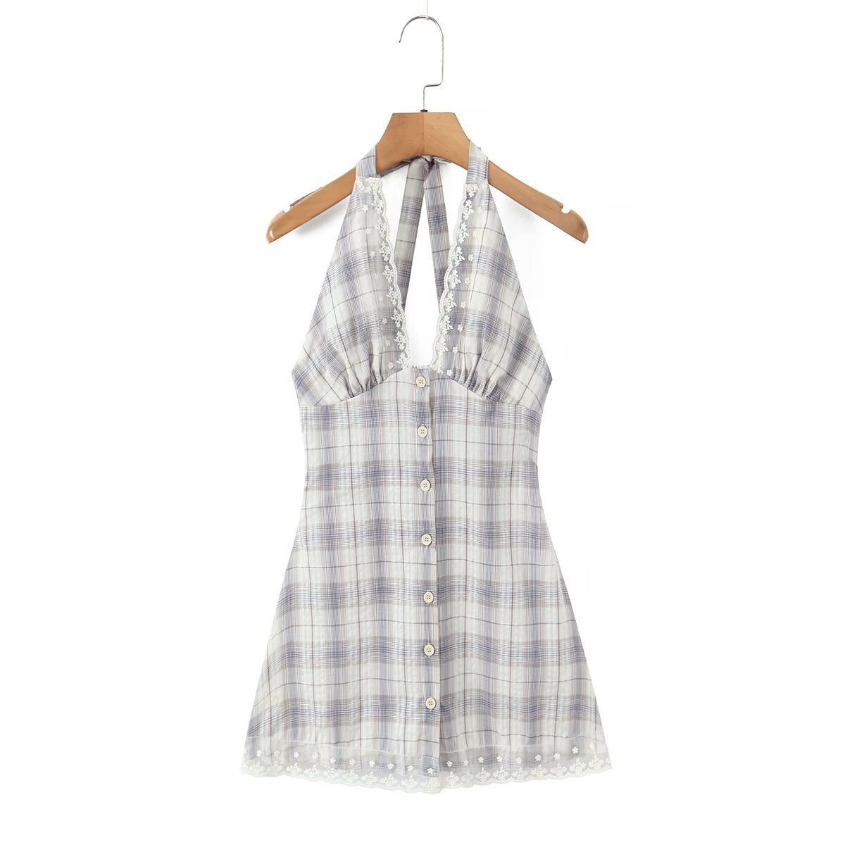 Damen Halterkleid mit floralem Spitzenbesatz und Knopfleiste R&B