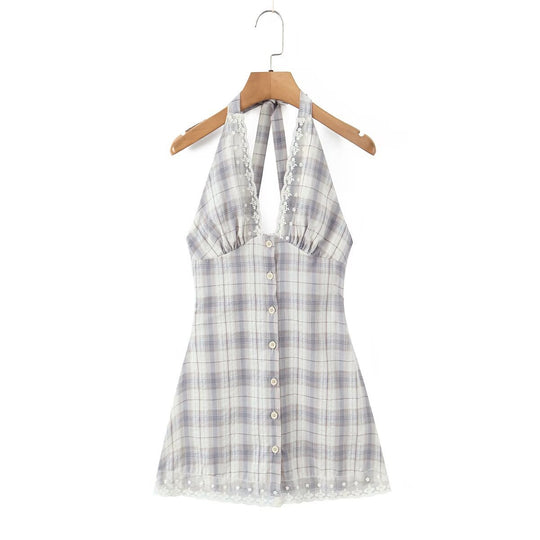 Damen Halterkleid mit floralem Spitzenbesatz und Knopfleiste R&B