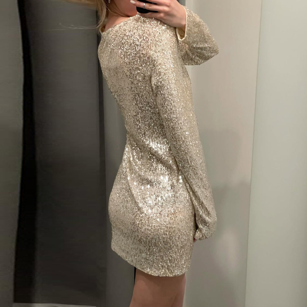 Damen Glitzerndes Minikleid mit langen Ärmeln und Rundhalsausschnitt R&B