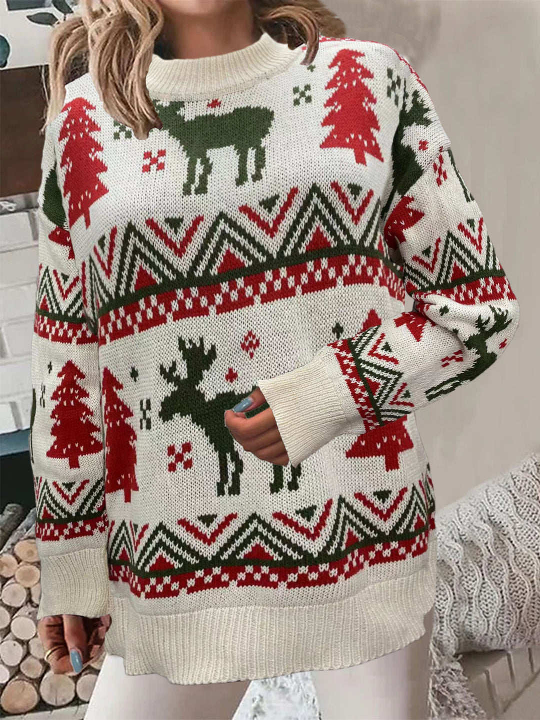 Damen Gemütlicher Weihnachts-Pullover mit festlichem Motiv und hoher Passform R&B