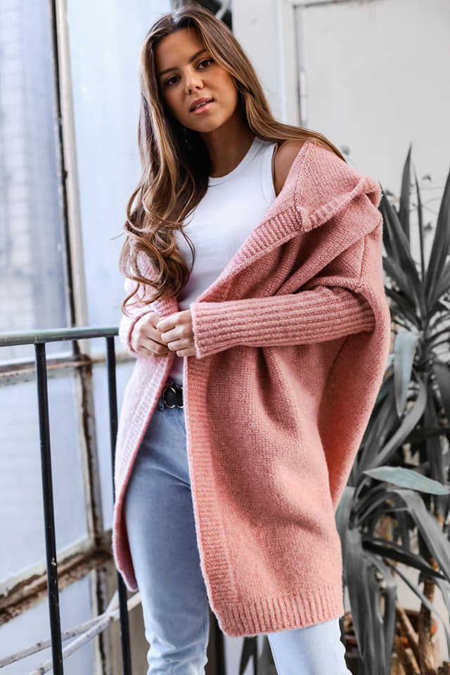 Damen kuschelige Strickjacke mit Kapuze und offenem Schnitt R&B
