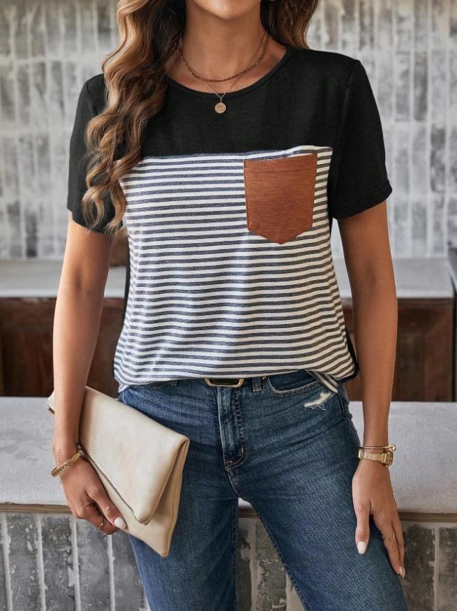 Damen Trendiges T-Shirt mit gestreiftem Design und Leder-Tasche R&B