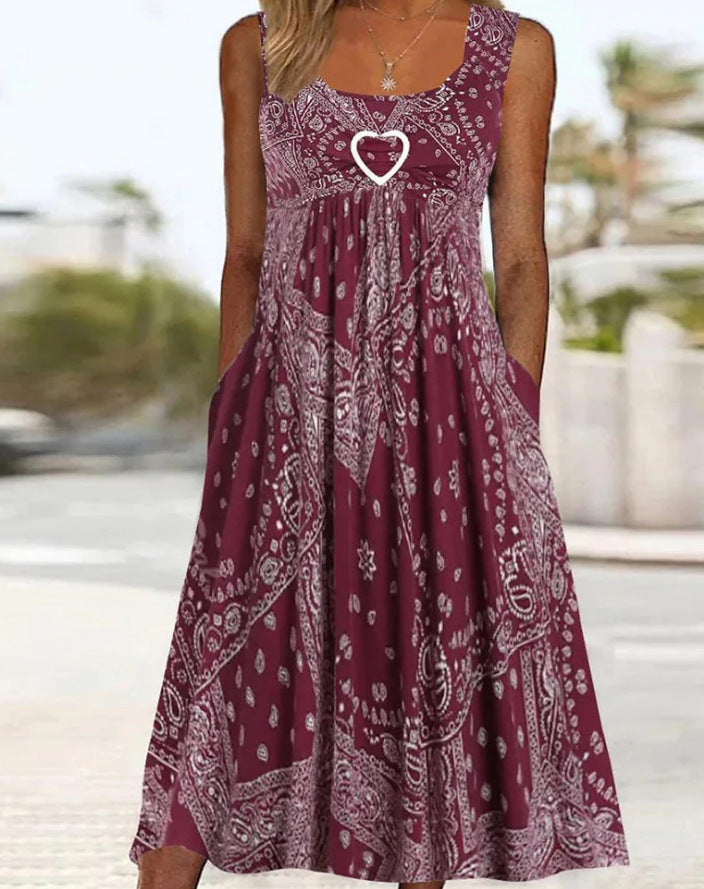 Damen nan luftiges Maxi-Kleid mit Paisley-Bandana-Print, geraffter Empire-Taille und praktischen Seitentaschen R&B