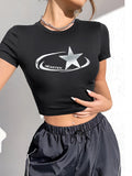 Damen Crop-T-Shirt mit glänzendem Sternmotiv und figurbetontem Schnitt R&B