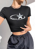 Damen Crop-T-Shirt mit glänzendem Sternmotiv und figurbetontem Schnitt R&B