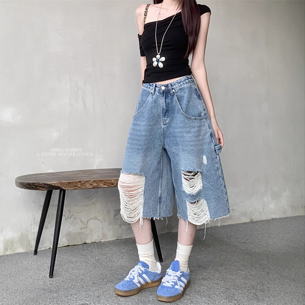 Damen Trendige Denim-Culottes im Destroyed-Look mit hohem Bund R&B