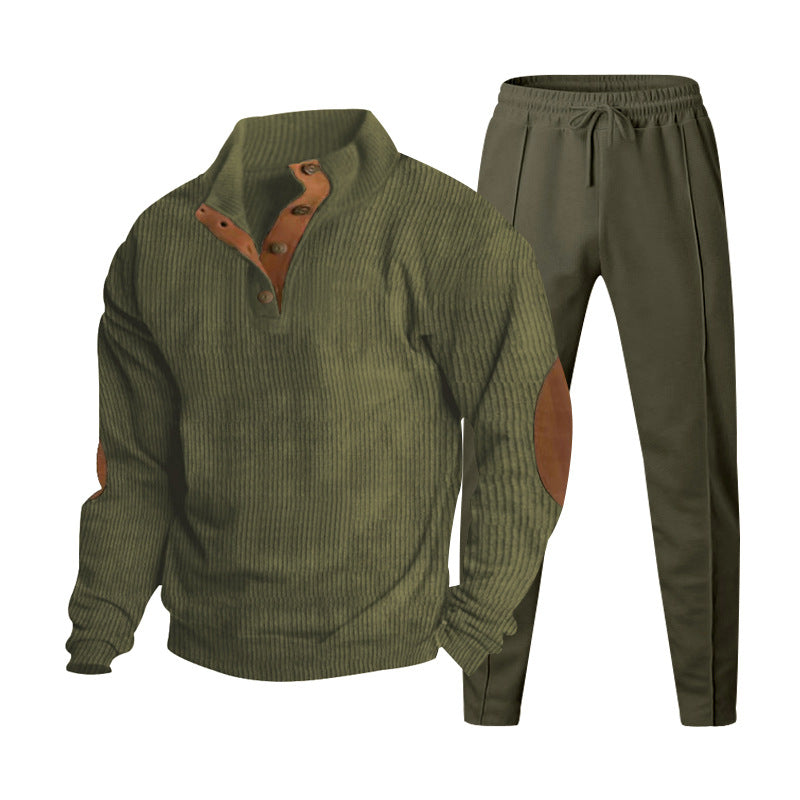Herren nan gerippter Henley-Freizeitanzug mit dekorativer Knopfleiste und Wildleder-Ellenbogenpatch konisch geschnittene Jogginghose R&B