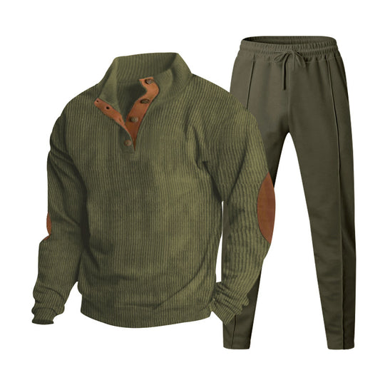 Herren nan gerippter Henley-Freizeitanzug mit dekorativer Knopfleiste und Wildleder-Ellenbogenpatch konisch geschnittene Jogginghose R&B