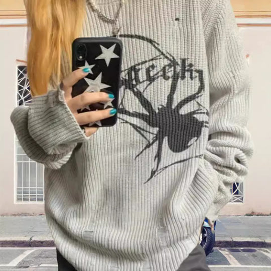 Damen Oversized Strickpullover mit auffälligem Spinnenmuster R&B