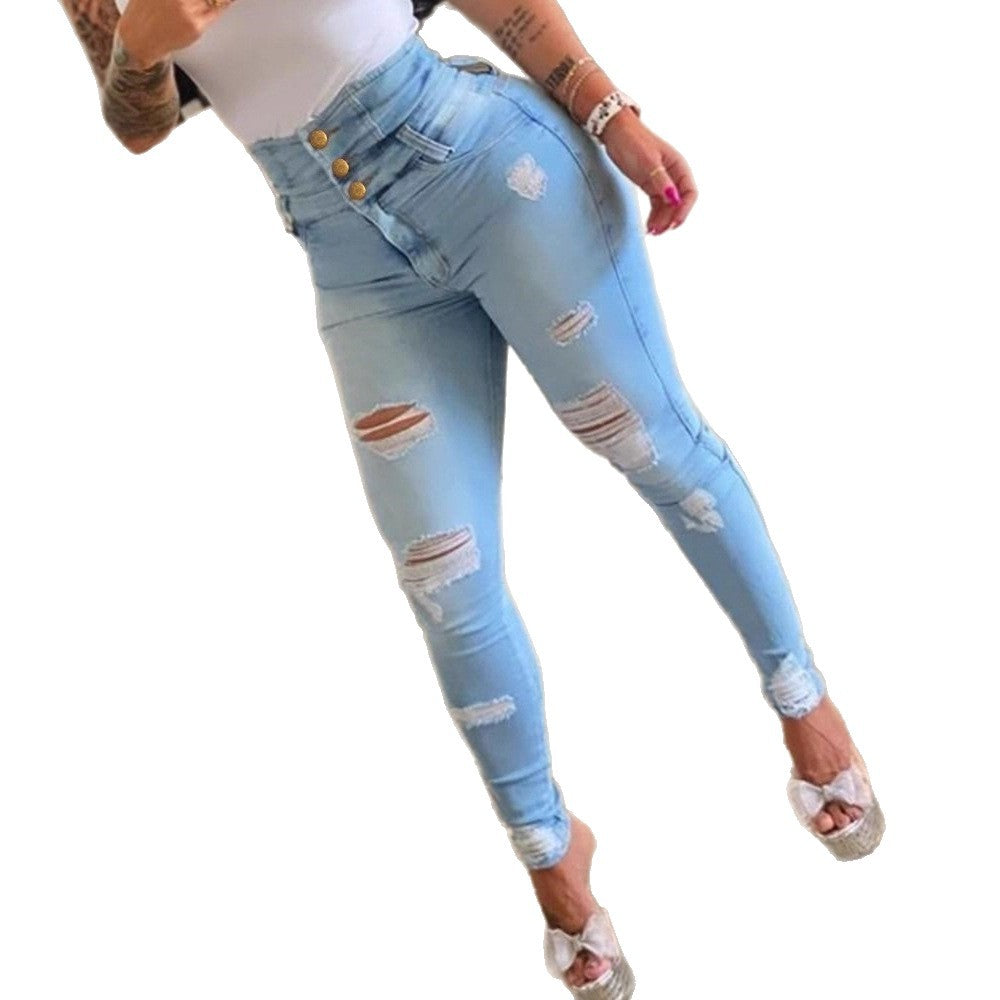 Damen Hochtaillierte Ripped Skinny Jeans mit Knopfdetail R&B