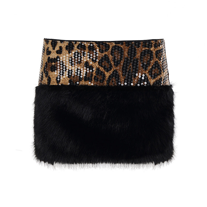 Damen glitzerndes Leopardenmuster Oberteil mit Kunstfellbesatz R&B