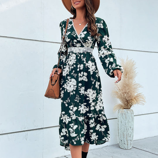 Damen elegantes Maxikleid mit floralem Design und schwingendem Saum R&B