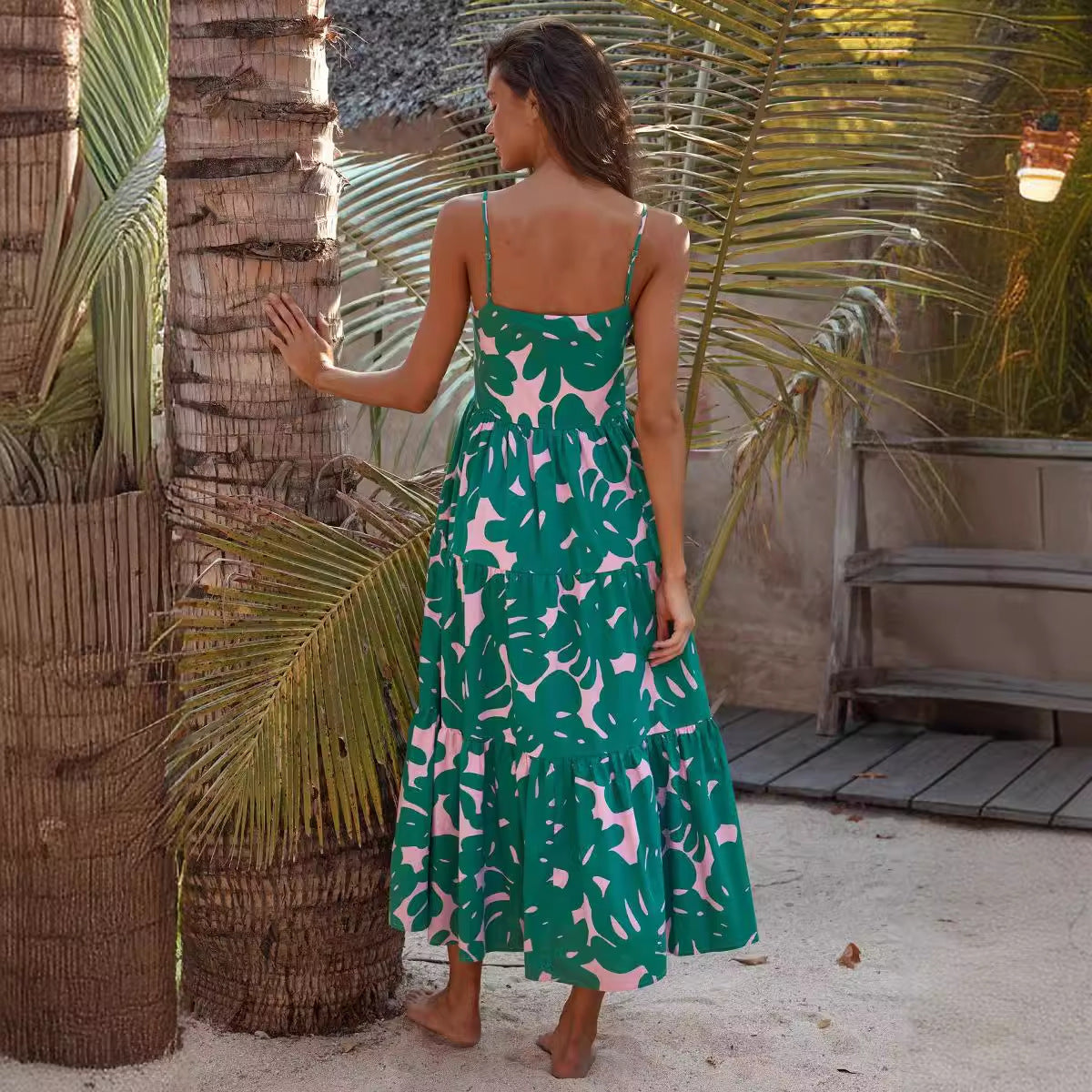 Damen Maxikleid mit voluminösem Rock und kreativem Blattdruck R&B