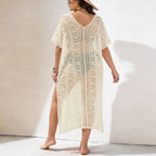 Damen Häkelstrandkleid mit V-Ausschnitt und seitlichem Schlitz R&B