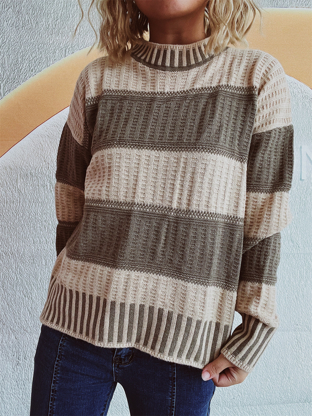 Damen lässiger Strickpullover mit modernem Streifenmuster und warmem Material R&B