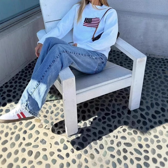 Damen Lässiger Pullover mit kreativem Flaggenmotiv und weichem Strick R&B