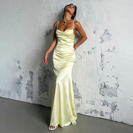 Damen Elegantes Maxikleid aus luxuriösem Satin mit verführerischem V-Ausschnitt R&B