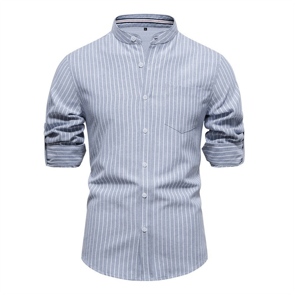 Herren gestreiftes Hemd im modischen Henley-Stil mit Brusttasche und rollbaren Ärmeln