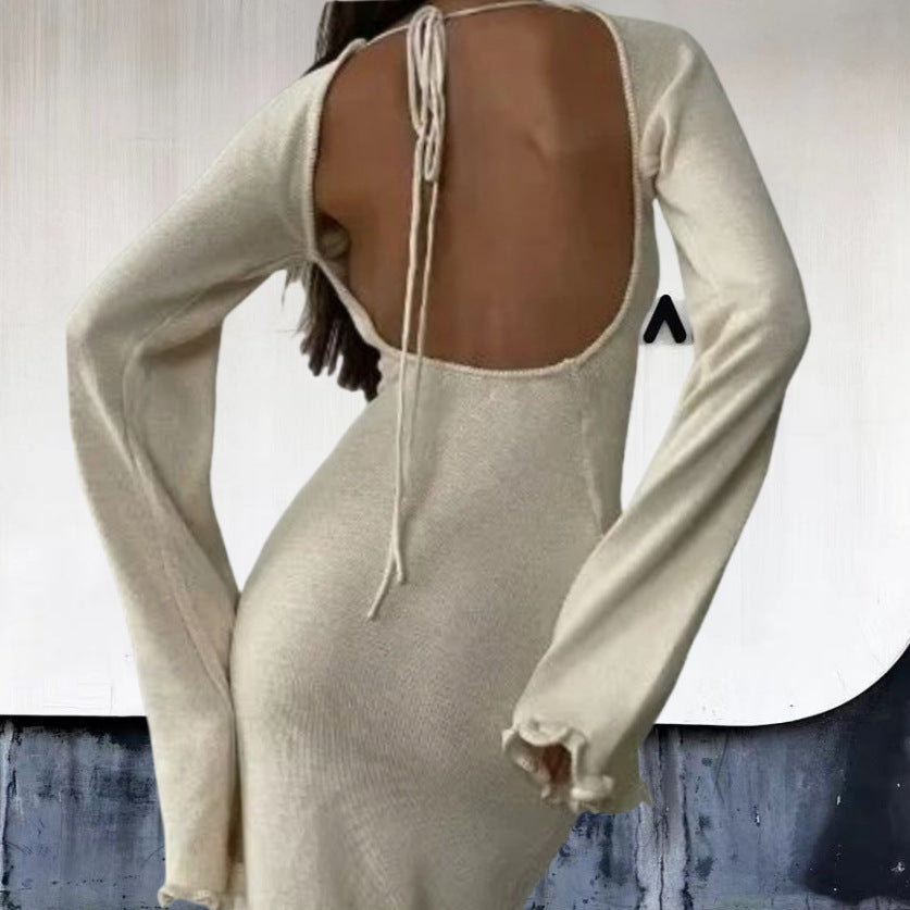 Damen Elegantes Maxikleid mit raffiniertem Rippdesign und fransigen Ärmeln R&B