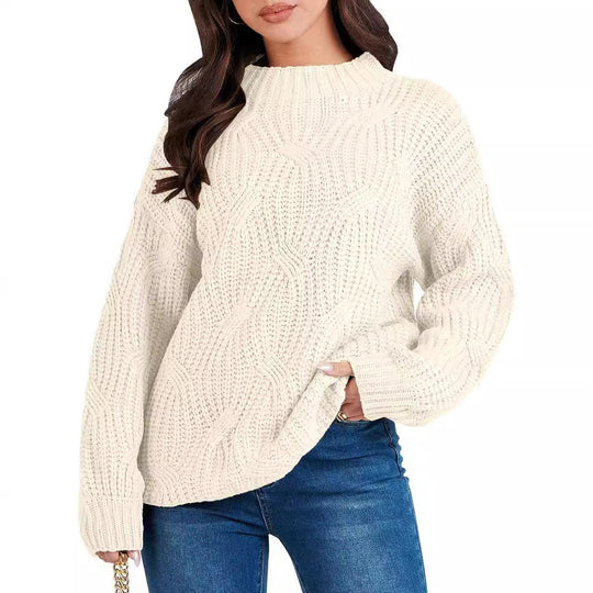 Damen Grobstrickpullover mit extravagantem Wellenmuster und hohem Kragen R&B
