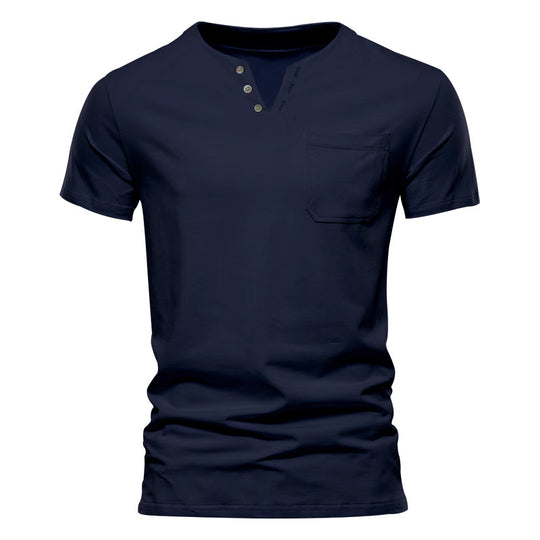 Herren Kurzarm-Henley-T-Shirt mit praktischer Brusttasche und anpassbarem Knopfverschluss R&B