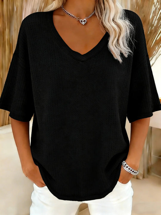 Damen lässiges Oversize-Shirt mit V-Ausschnitt und strukturiertem Muster R&B