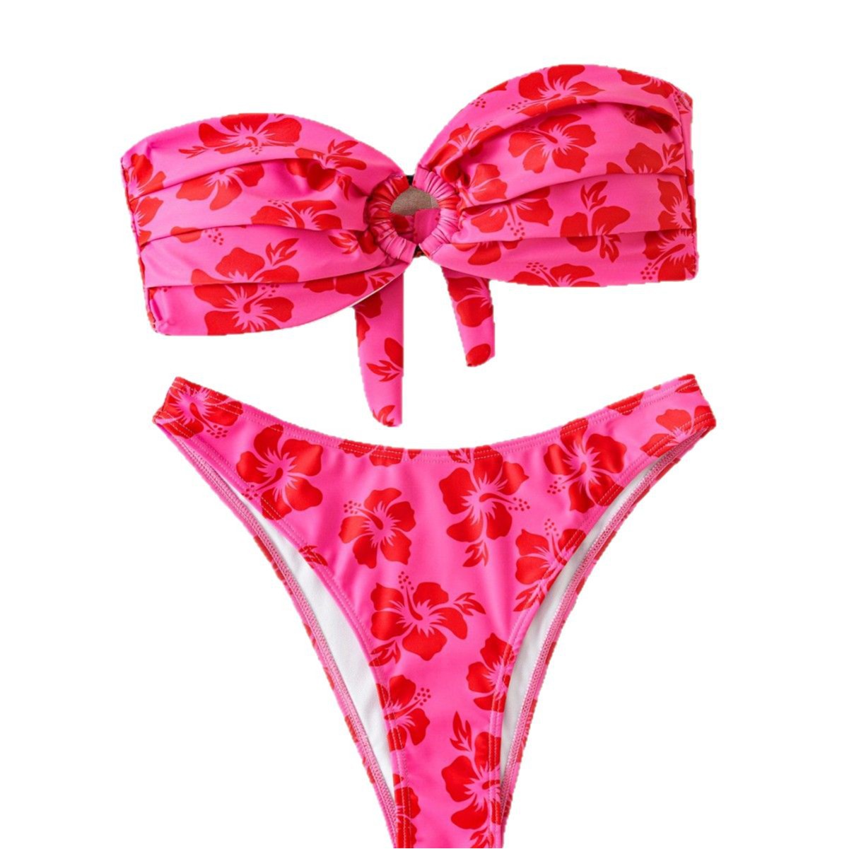 Damen Bandeau-Bikini-Set mit verziertem Knoten und floralem Muster R&B