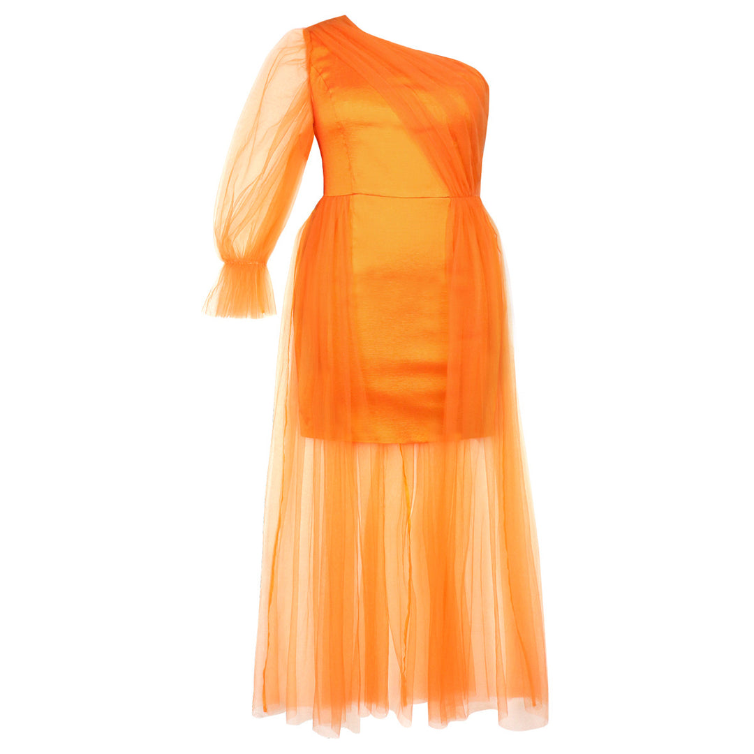Damen elegantes One-Shoulder Kleid mit transparentem Tüllüberwurf R&B