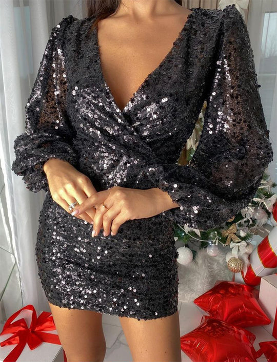 Damen Pailletten Kleid mit V-Ausschnitt und Puffärmeln R&B