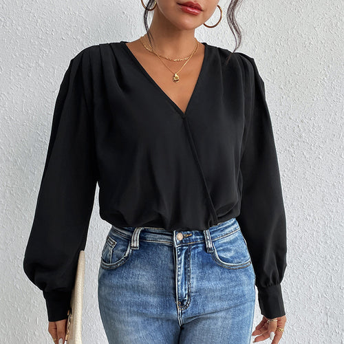 Damen elegante Bluse mit voluminösen Ärmeln und tiefem V-Ausschnitt R&B