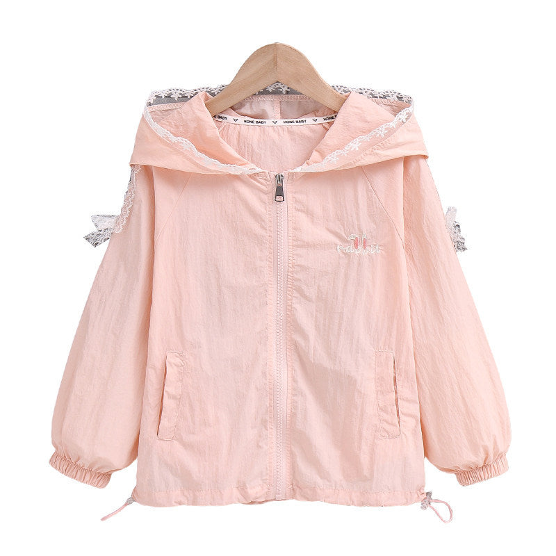 Damen nan leichte Kapuzenjacke mit Spitzenbesatz und niedlicher Stickerei R&B