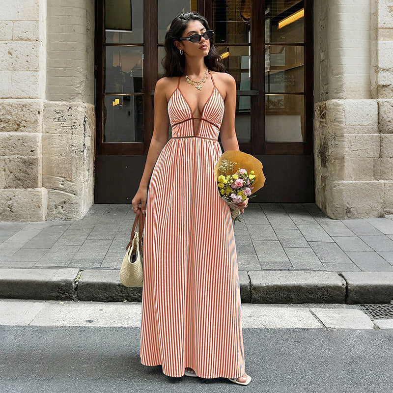 Damen Maxi-Kleid mit tiefem V-Ausschnitt und raffiniertem Streifenmuster R&B