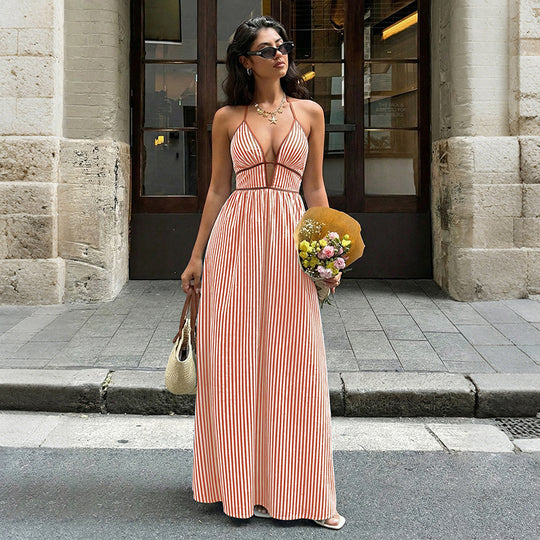 Damen Maxi-Kleid mit tiefem V-Ausschnitt und raffiniertem Streifenmuster R&B