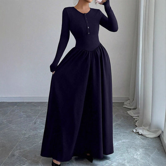 Damen Maxikleid mit eleganten Knopfdetails und fließendem Rockteil R&B