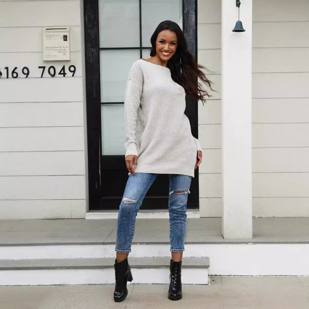 Damen lässiger Strickpullover mit weitem Ausschnitt und Rippstruktur R&B