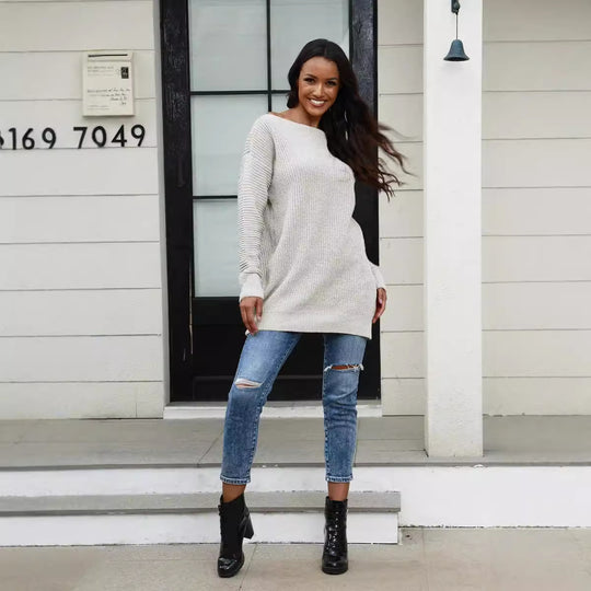 Damen lässiger Strickpullover mit weitem Ausschnitt und Rippstruktur R&B