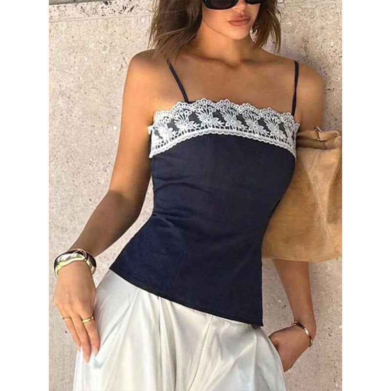 Damen Spaghetti-Träger Top mit elegantem Spitzenrand R&B